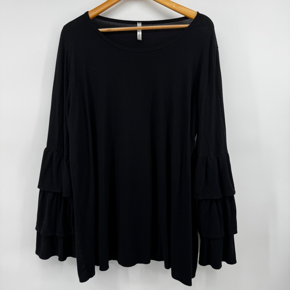Black Ruffle Bell Sleeve Top Women Long Sleeve Scoop Neck Blouse Flowy Comfy 1X